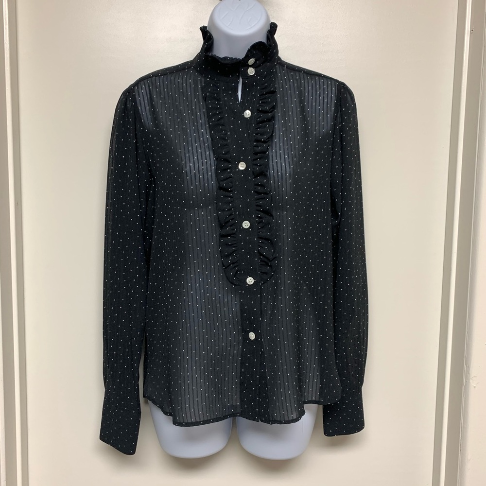 Evan Picone Ruffled Front Semi Sheer Polka Dot Top